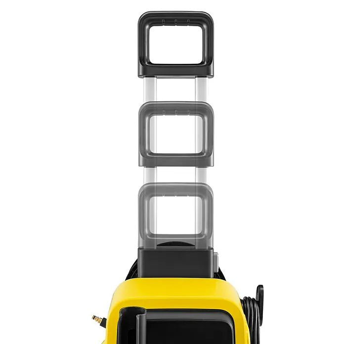 Kärcher Hochdruckreiniger K 7 Comfort Premium Home - 180 bar, 3.000 W, Fördermenge: 600 l/h, Inkl. Home-Kit - Detailaufnahme eines gelben Kärcher Hochdruckreinigers mit schwarzem Griffsystem, das aus drei rechteckigen Rahmen besteht.