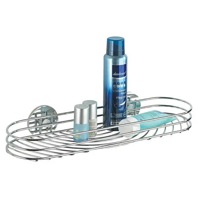 Wenko Duschkorb - L x B x H: 11,5 x 38 x 6 cm, Silber Glänzend - Badezimmerablage aus verchromtem Metall mit verschiedenen Hygieneartikeln, darunter Deodorant, Cremes und Lotionen. Praktische Aufbewahrungslösung für Dusche und Bad.
