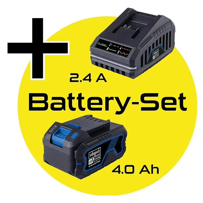 Scheppach IXES 20V Akku-Kettensäge BC-TCS200-X Set L - 20 V, 4 Ah, Li-Ionen, 1 Akku, Schwertlänge: 20 cm - Abbildung eines Scheppach 2.4A Akku-Sets, bestehend aus Ladegerät und 4.0Ah Akku, ideal für diverse Werkzeuge und Anwendungen.