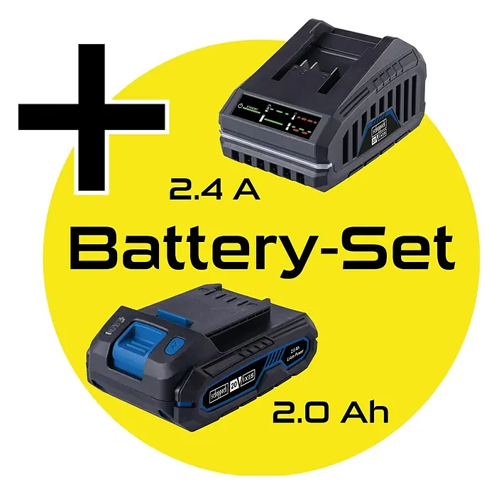 Scheppach IXES 20V Motosierra de batería para una mano C-PS100-X - 20 V, 2 Ah, Iones de litio, 1 batería, Longitud de la cuchilla: 15 cm - Imagen de un set de baterías Scheppach de 2.4A, que incluye baterías de 2.0Ah y cargador. El set es perfecto para herramientas eléctricas.