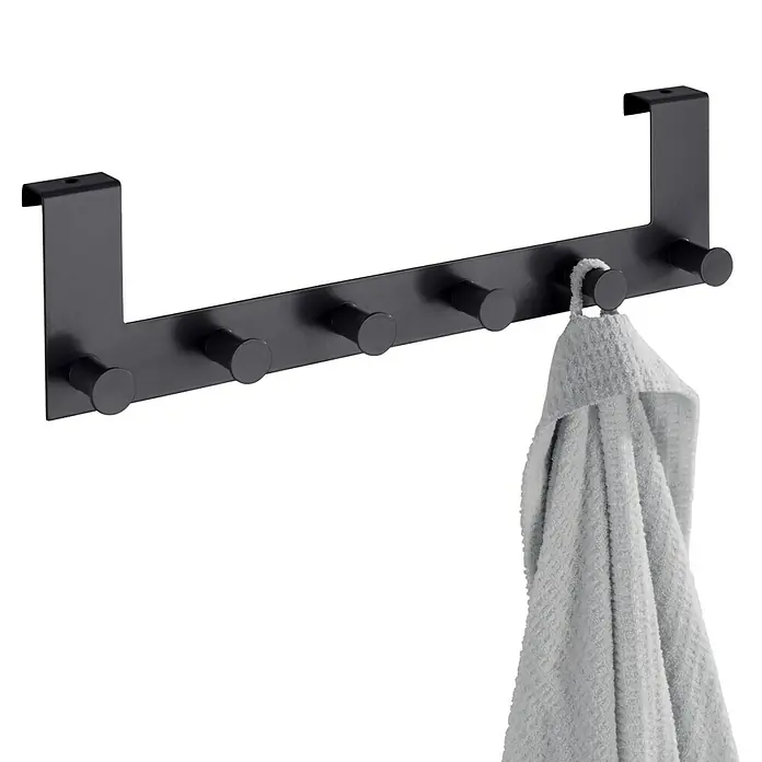 Wenko Türgarderobe - L x H: 5,5 x 11 cm, Anzahl Haken: 6 Stk. - Schwarzer Türhaken mit Handtuch. Der Türhaken hat sechs Haken zum Aufhängen von Handtüchern oder Kleidung. Praktisch und platzsparend.