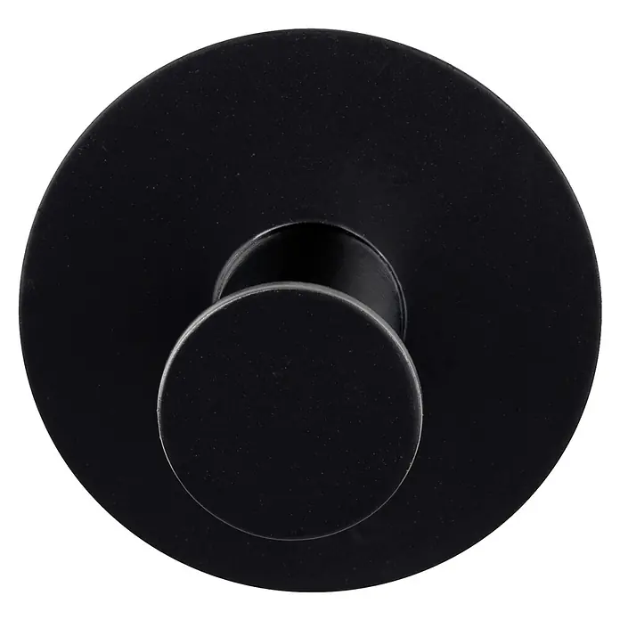 Wenko Klebehaken - L x H: 3,3 x 5 cm, Anzahl Haken: 1 Stk. - Nahaufnahme eines schwarzen, kreisförmigen Wandhakens mit zylindrischem Hakenarm, der eine schlichte und moderne Badezimmer- oder Garderobenlösung bietet.