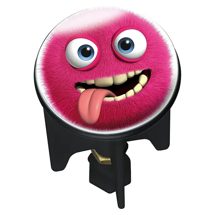 Wenko Design-Excenterstopfen - Durchmesser: 3,9 cm - Nahaufnahme eines Auto-Lufterfrischers mit einem pinkfarbenen, fellartigen Monster mit großen Augen und herausgestreckter Zunge.