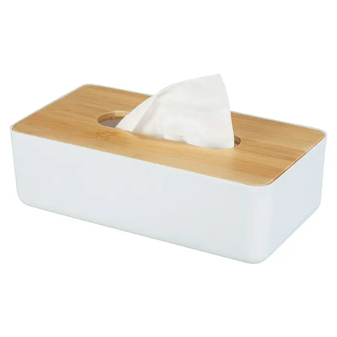 Wenko Rotello Kosmetiktuchbox - L x B x H: 12,7 x 24 x 7,5 cm, Weiß/Natur - Weißer Kosmetiktuchspender mit Holzdeckel, der eine elegante und praktische Lösung für die Aufbewahrung von Taschentüchern bietet.