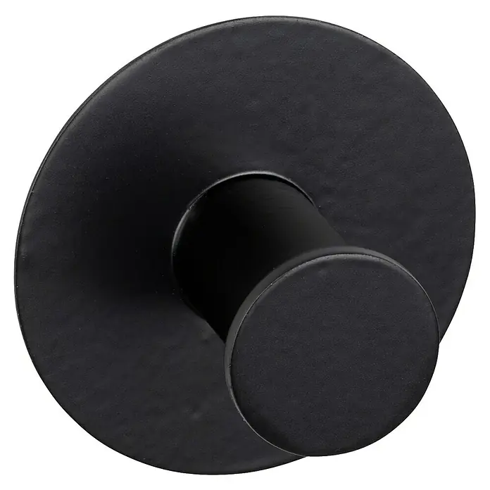Wenko Klebehaken - L x H: 3,3 x 5 cm, Anzahl Haken: 1 Stk. - Diese Aufnahme zeigt einen mattschwarzen Wandhaken mit kreisförmiger Basis und zylindrischem Haken, der ein minimalistisches Design betont.