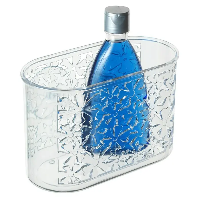 Wenko Duschablage Groß Blumen - Breite: 19 cm, Transparent - Ein durchsichtiger Behälter mit Blumenmuster, in dem eine blaue Flasche mit silbernem Deckel steht. Ideal für die Aufbewahrung von Spülmittel.