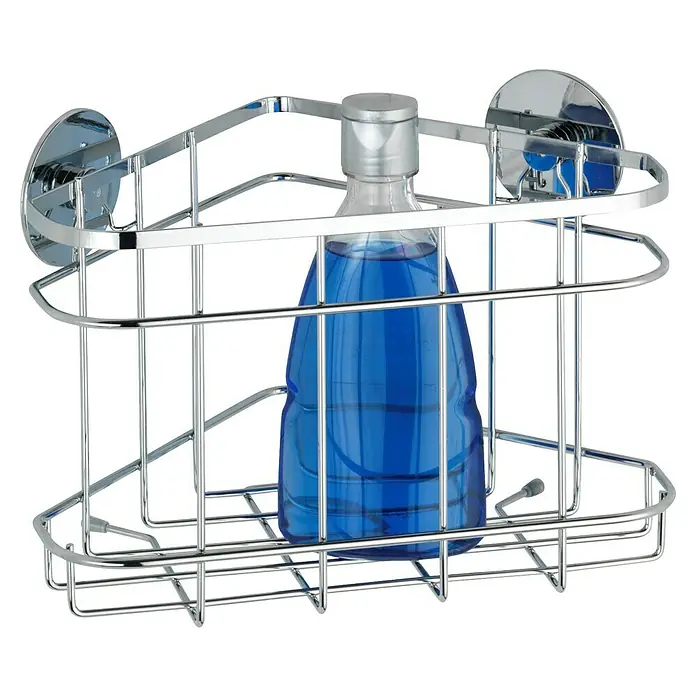 Wenko Eckduschkorb - 15,5 x 22,5 x 17,5 cm, Silber Glänzend - Ein Eckregal mit einer blauen Flasche, das die perfekte Lösung für eine platzsparende Aufbewahrung in der Dusche oder im Badezimmer ist.