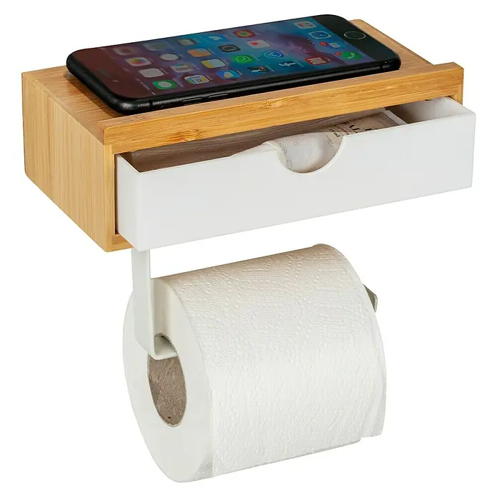 Wenko Toilettenpapierhalter - Natur/Weiß - Toilettenpapierhalter mit Schublade und Handyablage aus Bambusholz und weißem Kunststoff. Praktisch für Bad und WC.