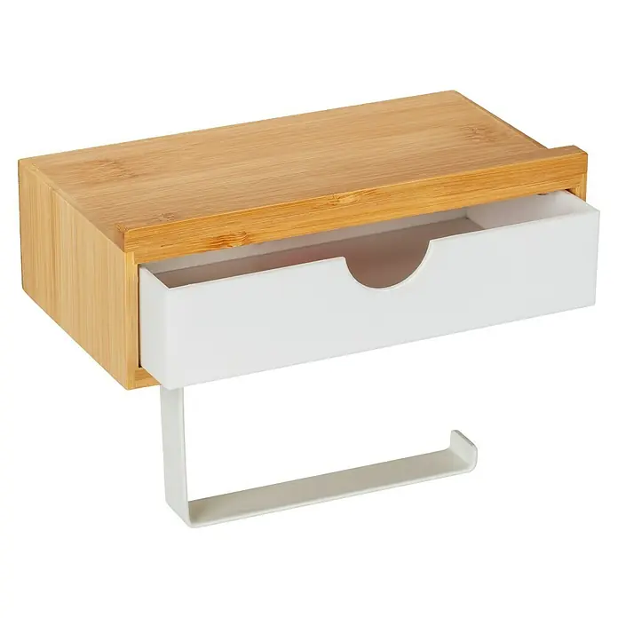 Wenko Toilettenpapierhalter - Natur/Weiß - Nahaufnahme eines kleinen Bambus-Schreibtischorganizers mit einer weißen Schublade, ideal zur Aufbewahrung von kleinen Gegenständen.