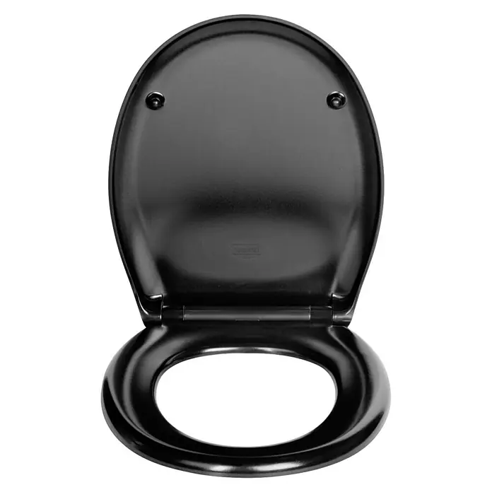 Wenko WC-Sitz Rieti - Duroplast, Schwarz, Mit Absenkautomatik - Schwarzer WC-Sitz mit glänzender Oberfläche, leicht geöffnet, bietet einen modernen Touch für jedes Badezimmer.