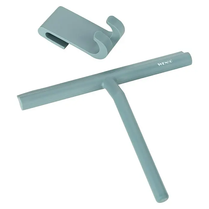 Wenko Bad-& Duschabzieher - Türkis, Edelstahl - Blauer Duschabzieher mit Halterung, ideal zur Reinigung von Duschkabinen und Badezimmeroberflächen. Praktisch und stilvoll.