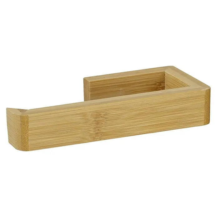 Wenko Toilettenpapierhalter - Natur - Nahaufnahme einer Toilettenpapierhalterung aus hellem Holz, die sich durch eine schlichte, moderne Ästhetik auszeichnet.