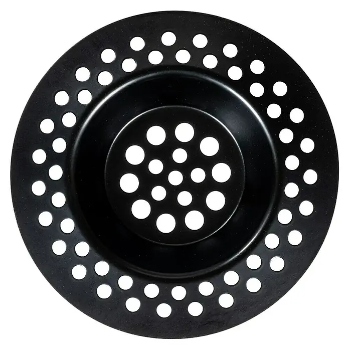 Wenko Abflusssieb - 7 cm, Schwarz - Schwarzer Spülenstöpsel aus Metall mit Löchern in verschiedenen Größen. Er ist rund und hat ein glänzendes Finish.