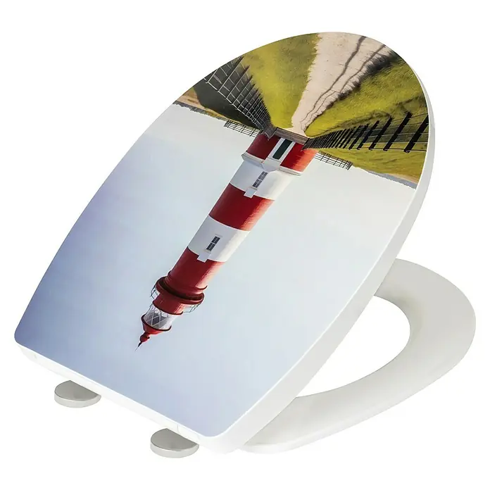 Wenko WC-Sitz Leuchtturm - Thermoplast, Mehrfarbig, Mit Absenkautomatik - WC-Sitz mit Leuchtturm-Motiv. Das dekorative Design mit dem rot-weißen Leuchtturm macht dieses Produkt zu einem Blickfang in jedem Badezimmer.