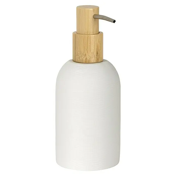 Wenko Seifenspender Altavalle - Polyresin, Weiß/Natur - Elegante Seifenspender-Flasche in Weiß mit Bambus-Pumpe für stilvolle Badezimmer-Akzente. Praktisch und dekorativ.