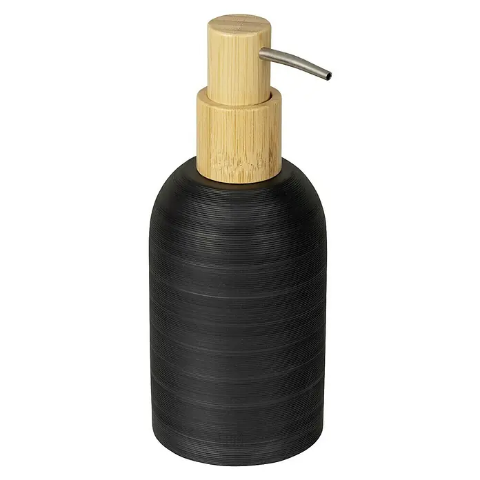 Wenko Seifenspender Altavalle - Polyresin, Schwarz/Natur - Ein stilvoller schwarzer Seifenspender mit einem hellen Holzpumpenkopf und einem silbernen Spenderhahn.
