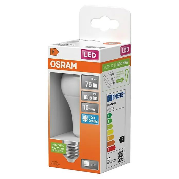 Osram Bombilla LED Superstar Classic - E27, No regulable, Blanco frío, 1.055 lm, 10 W - Primer plano del embalaje de una bombilla LED Osram, que muestra la clase de eficiencia energética F, 10W, equivalente a 75W y luz de día fría.