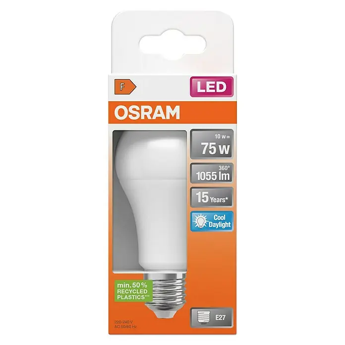 Osram Bombilla LED Superstar Classic - E27, No regulable, Blanco frío, 1.055 lm, 10 W - Embalaje de una bombilla LED Osram que consume 10W y equivale a 75W, con una duración de 15 años. La bombilla es compatible con E27.