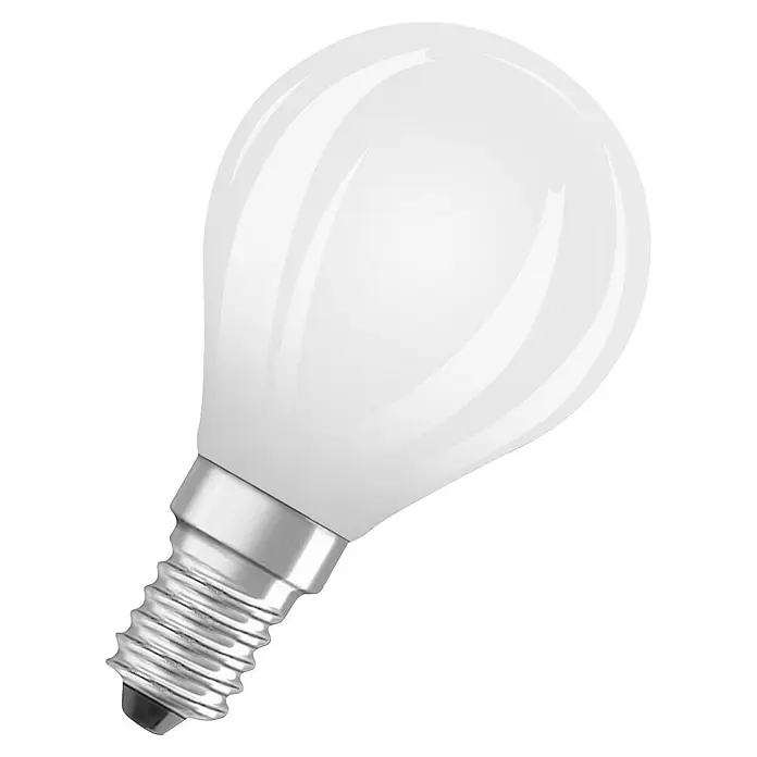 Osram Bombilla LED - E14, No regulable, Blanco frío, 806 lm, 5,9 W - Primer plano de una bombilla LED mate con base de rosca sobre un fondo negro.
