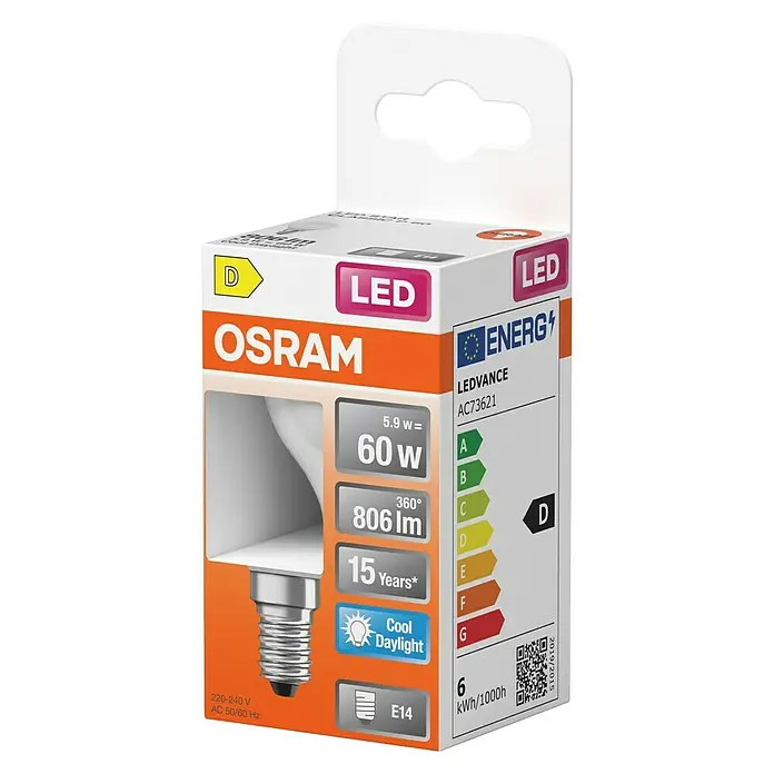 Osram Bombilla LED - E14, No regulable, Blanco frío, 806 lm, 5,9 W - Bombilla LED LEDVANCE OSRAM, 5.9W equivalente a 60W, 806 lúmenes, 15 años de vida útil, casquillo E14, Cool Daylight, clase energética D.
