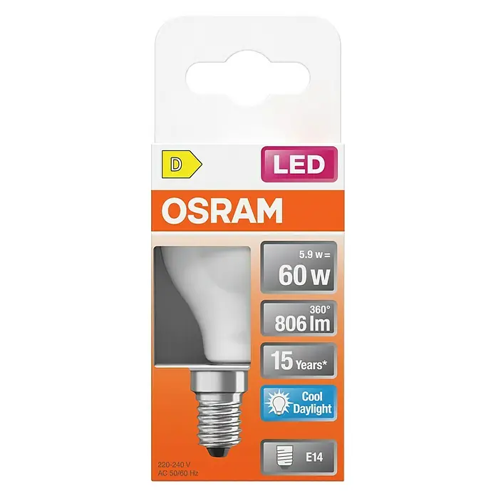 Osram Bombilla LED - E14, No regulable, Blanco frío, 806 lm, 5,9 W - Imagen del producto de la lámpara LED Osram con base E14, 5,9W, equivalente a 60W, 806 lúmenes, 15 años de vida útil y luz de día blanca fría.