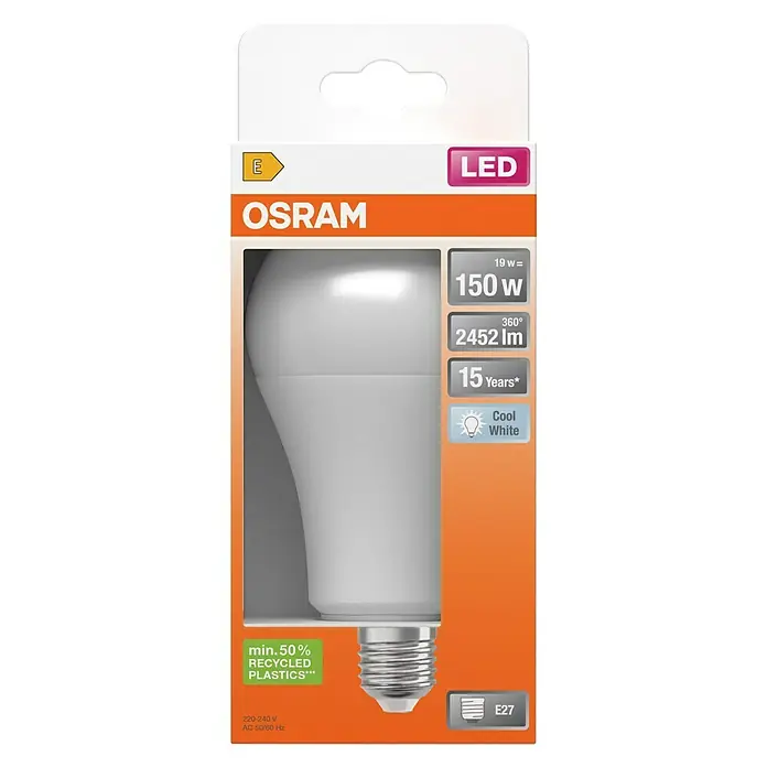 Osram Bombilla LED - E27, No regulable, Blanco neutro, 2.452 lm, 19 W - Primer plano del paquete de una bombilla LED OSRAM, destacando su eficiencia energética y larga vida útil de 15 años.