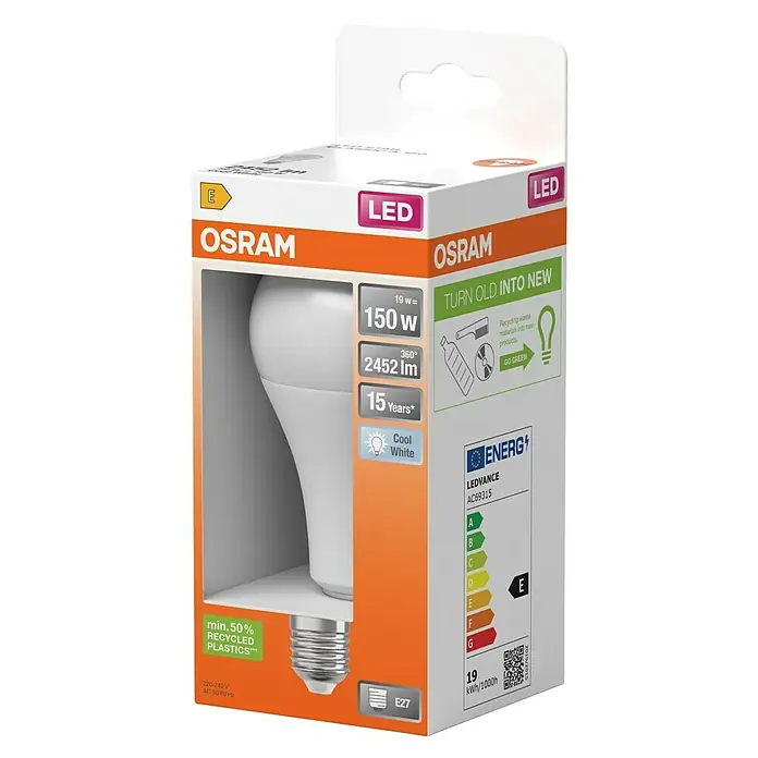 Osram Bombilla LED - E27, No regulable, Blanco neutro, 2.452 lm, 19 W - Imagen de una bombilla LED OSRAM en su embalaje. La bombilla está marcada como energéticamente eficiente y respetuosa con el medio ambiente.