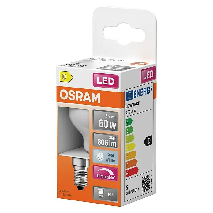 Osram Bombilla LED Superstar - E14, No regulable, Blanco neutro, 806 lm, 59 W - Primer plano de una bombilla LED OSRAM en su embalaje, destacando detalles como la potencia, los lúmenes y la clase de eficiencia energética D.
