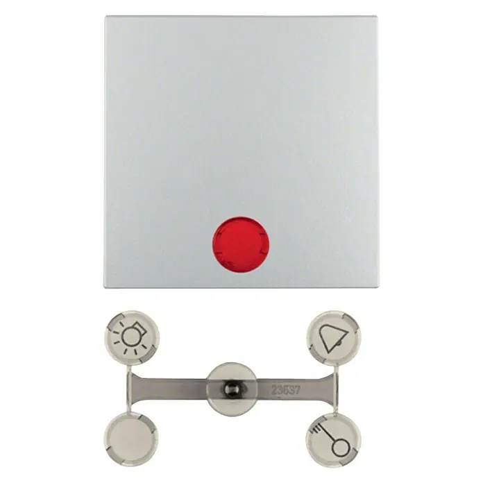 Berker S.1 Kontrollschalterwippe 16211404 - Aluminium, Kunststoff, IP20 - Nahaufnahme einer quadratischen Alarmzentrale mit einer roten Taste und vier runden Symbolen für Licht, Glocke, leer und Schlüssel.