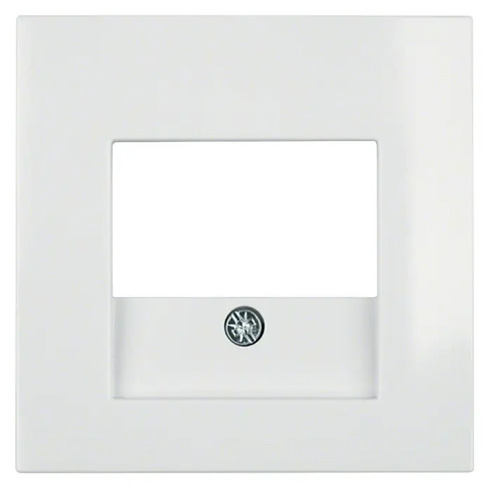 Berker S.1 TAE-Abdeckung 10338919 - Polarweiß glänzend, Kunststoff - Nahaufnahme einer weißen modularen Wandplatte mit einem Schraubverschluss.