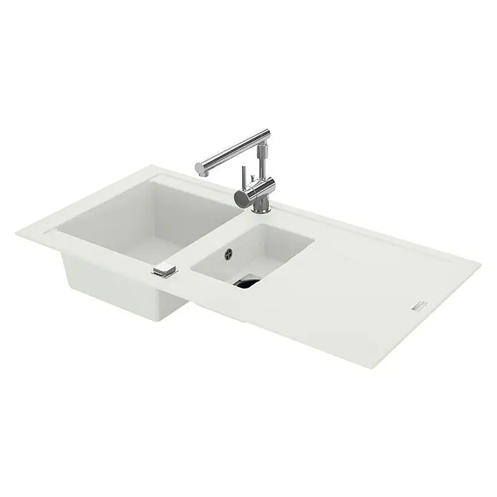 Carea Einbauspüle Tango - 98 x 50 cm, Weiß, Material Spüle: CAREAgranit® - Eine moderne weiße Küchenspüle mit einem Becken und einer Abtropffläche, komplett mit einem schlanken Chromhahn.