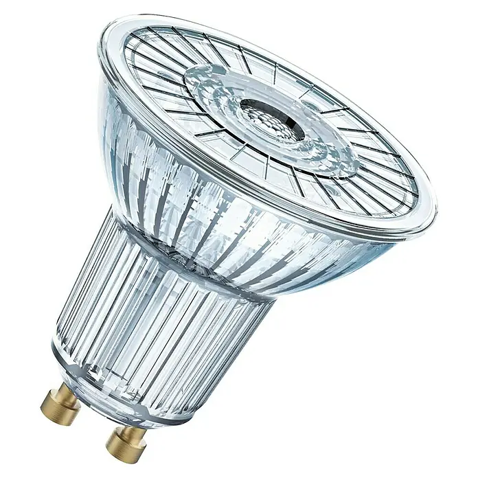 Osram LED-Lampe Reflektor GU10 - GU10, Nicht Dimmbar, Warmweiß, 230 lm, 2,6 W, Ausstrahlungswinkel: 36 ° - Nahaufnahme einer klaren Halogenlampe mit silbernen Stiften und einem Reflektor, ideal für fokussierte Beleuchtung.