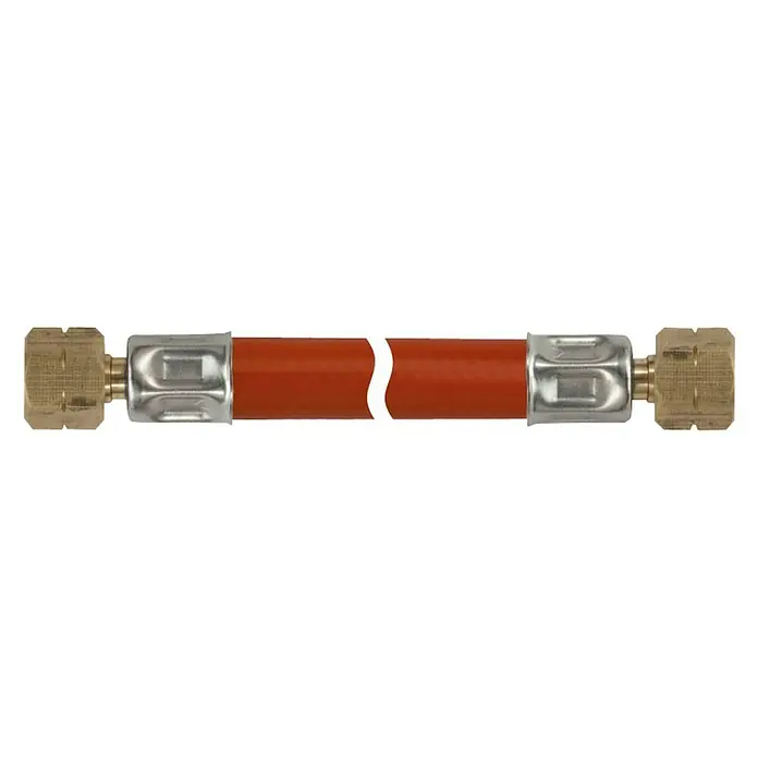 Talamex Gasschlauch - 2 x G ¼″ Linksgewinde, Länge: 60 cm - Abgebildet ist ein flexibler, roter Schlauch mit goldenen Endstücken und metallischen Verstärkungen.