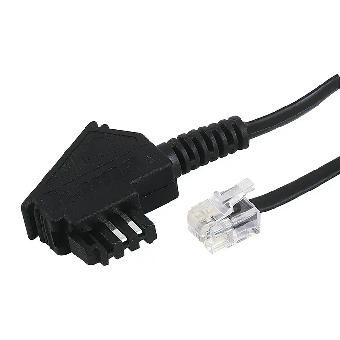 Hama Telefonkabel - 15 m, TAE-F-Stecker, Modular-Kupplung-6p4c - Ein schwarzes Telefonkabel mit einem TAE-Stecker und einem RJ11-Stecker für den Anschluss an Telefone und Telefonanlagen.