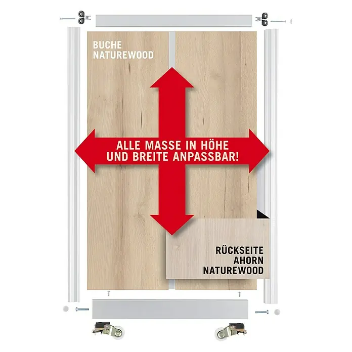 Room Plaza Easy Schiebetür-Bau-Set - Buche Naturwuchs/Ahorn Naturwuchs, Farbe Beschlag: Silber - Produktabbildung mit Beschriftungen und Hinweisen zu Anpassungsmöglichkeiten. Vielseitigkeit und Anpassbarkeit im Fokus.