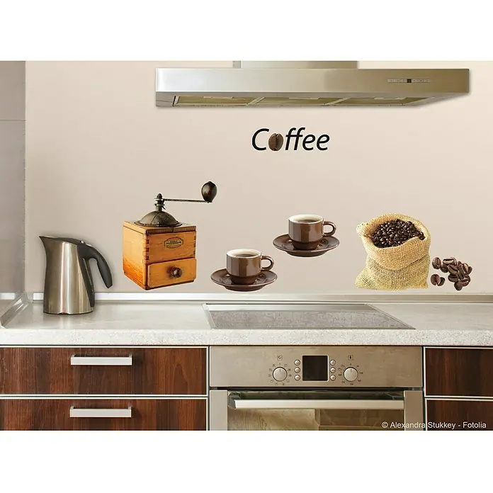 Vinilo de pared Café - Molinillo de café, 48 x 68 cm, Plástico - Adhesivo de pared para cocina con molinillo de café, granos de café y tazas para un ambiente acogedor. Ideal para amantes del café.
