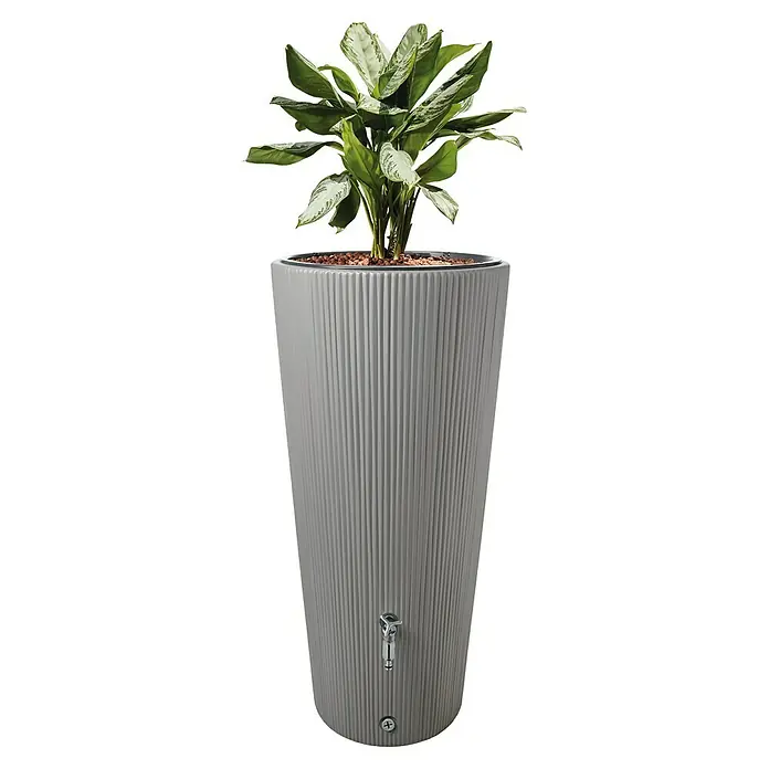 Garantia Classic Line Regenspeicher - 220 l, Zinkgrau - Die stilvolle Regentonnen-Säule in Grau mit Pflanze ist ein Blickfang für jeden Garten und dient gleichzeitig als Wasserspeicher.