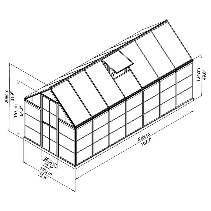 Palram – Canopia Invernadero Hybrid - Medidas ext. (An x Pr): 185 x 426 cm, 0,7 mm, Verde - Ilustración de un invernadero con dimensiones de altura, anchura y longitud en centímetros y pulgadas.