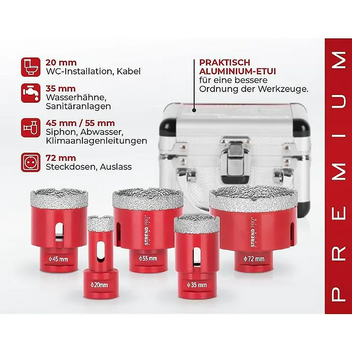 Proregal Bohrkrone Diamant -Set Premium CRYSTAL 20-35-45-55-72mm - 5 Stk., Durchmesser Bohrer: 72 mm