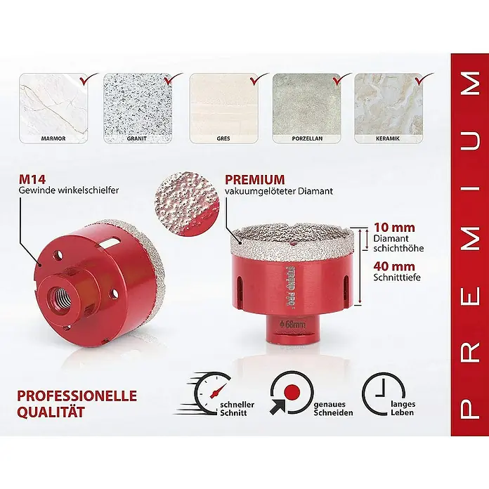Proregal Bohrkrone Diamant -Set Premium CRYSTAL 20-35-45-55-72mm - 5 Stk., Durchmesser Bohrer: 72 mm