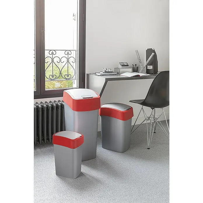 Proregal Schwingdeckeleimer Abfallbehälter - 50 l, Kunststoff, Silber/Rot