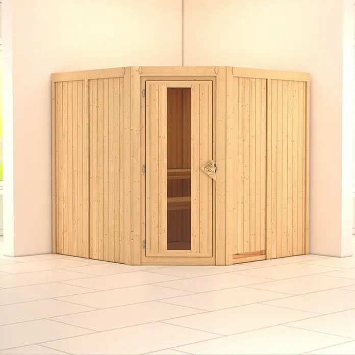 Karibu Elementsauna Jarin - Ohne Ofen, Ohne Dachkranz, Materialspezifizierung Tür: Massivholztür, L x B x H: 196 x 196 x 192 cm - Nahaufnahme einer Holzsauna in einer Ecke eines Raumes, die das natürliche Material und die Verarbeitung hervorhebt.