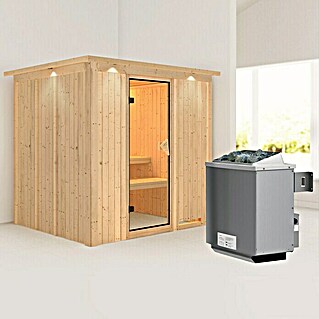 Karibu Elementsauna Sodin (Mit 9 kW Ofen mit integrierter Steuerung, Mit Dachkranz und Beleuchtung, L x B x H: 210 x 184 x 192 cm)