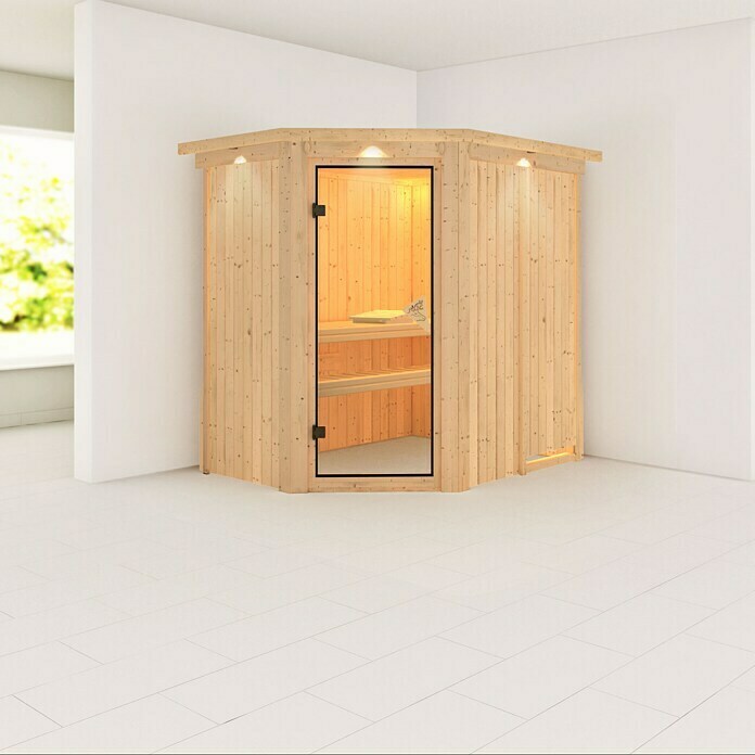 Karibu Elementsauna Carin (Ohne Ofen, Mit Dachkranz und Beleuchtung, L x B x H: 165 x 210 x 192 cm)