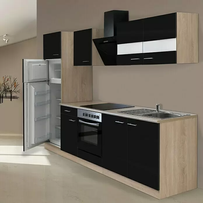 Respekta Cocina compacta Merle - Ancho: 270 cm, Negro, Con electrodomésticos - Conjunto de cocina moderno con armarios negros brillantes, detalles de madera clara, electrodomésticos integrados y fregadero de acero inoxidable.