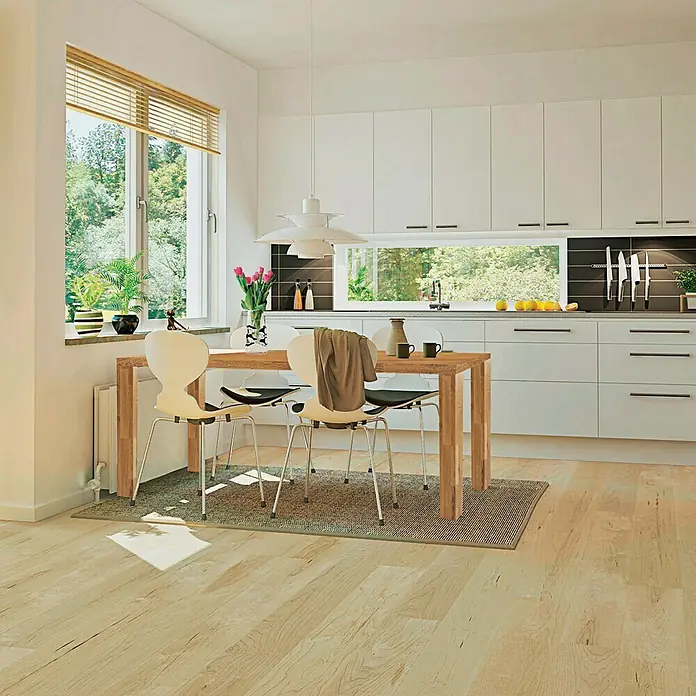 Exclusivholz Aspen Tischplatte - Eiche, 100 x 70 x 3,2 cm - Helle Holzküche mit Esstisch und Stühlen, minimalistisches Design mit viel Tageslicht.