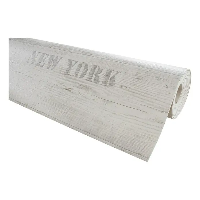 CV-Boden Meterware Memphis - 200 cm, Vino, Creme - Rolle Vinylbodenbelag mit weißer Holzoptik und Aufdruck "New York". Ideal für moderne Wohnräume, robust und pflegeleicht.