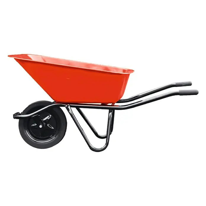 Bauschubkarre - Fassungsvermögen: 85 l, Traglast: 180 kg, Stahl, Rot - Rote Schubkarre mit schwarzem Rahmen und Rad, ideal für Gartenarbeit und Bauprojekte. Robust und zuverlässig.