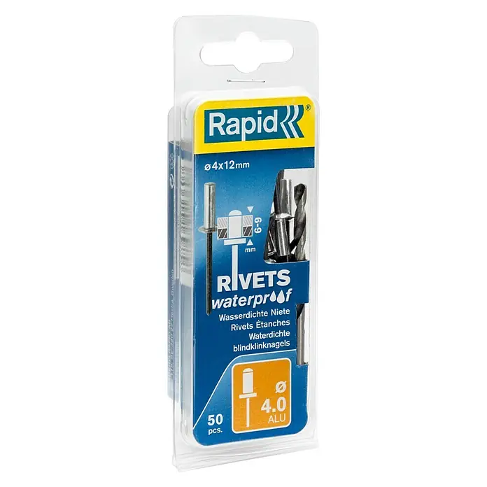 Rapid Blindniete - Nietlänge: 12 mm, Nietdurchmesser: 4 mm, 50 Stk. - Eine Packung Rapid wasserdichte Niete, 4x12mm, mit 50 Stück, aus Aluminium für zuverlässige Verbindungen im Innen- und Außenbereich.