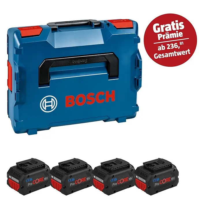 Bosch Professional AMPShare 18V Akku-Set - 18 V, 5,5 Ah, 4 Stk. - Abbildung eines Bosch Werkzeugkoffers mit vier ProCore 18V Akkus, beworben als "Gratis Prämie ab 236,81 Gesamtwert".